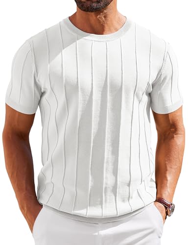 COOFANDY Camisetas Hombre Manga Corta Camiseta de Punto Rayas Jersey Verano Tshirt de Cuello Redondo Camiseta Basica Blanco S