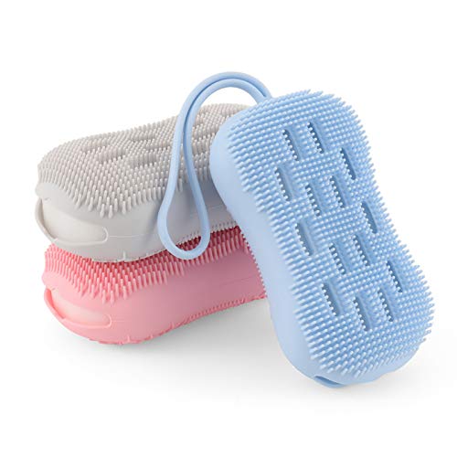 WIOR 3 PCs Silicone Body Scrubber, Double-Sided Body Scrub Brush for Deep Cleasing Exfoliating, Super Soft Silicone Loofah with Rebound Sponge, Suitable for Women Men Kids Shower, Skin Body Massage