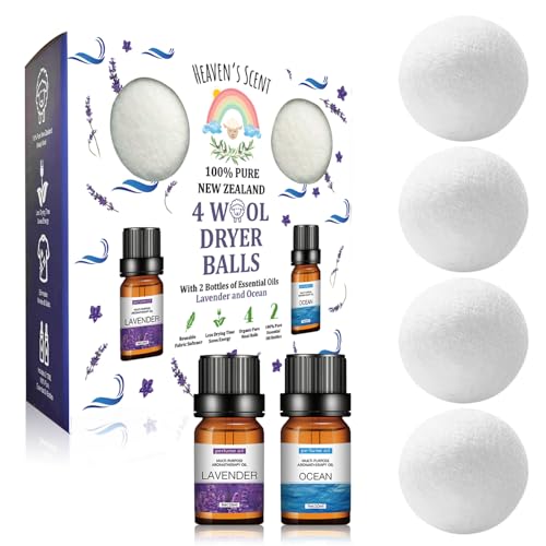 Heavens Scent Wool Dryer Balls w/Essential Oils Bundle - Reusable Organic Handmade & Hypoallergenic XL Size | Eco-Friendly Natural Fabric Softener | Ocean & Lavender Oil White
