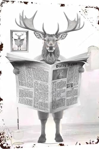 TopPacific Metal Tin Sign Vintage Elk Toilet Reading Newspaper Humour Funny Animal Whimsy Animal for Home, Bathroom and Toilet Wall Decor 12x16 Inch(802B)