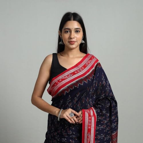 Image of ODISHAHANDLOOM Sambalpuri Pure Cotton Handloom Saree, Traditional Ikat Pattern, Red and Green, Without Blouse