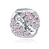 FOREVER QUEEN October Birthstone Charms for Bracelet 925 Sterling Silver Bead Openwork Charms, Happy Birthday Charms for Bracelet and Necklace