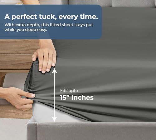 Image of ROYALE LINENS Fitted Sheet with Pillowcases - Queen Fitted Sheets with 2 Pillowcases - 300 Thread Count 100% Organic Cotton - Fits Mattress Up to 18 inch Deep - Soft & Breathable - Grey (No Flat Sheet)