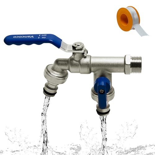Vancoco Rubinetto 1/2 Pollici e Doppio Rubinetto in Ottone per Giardino e Casa Doppia Valvola a Sfera incl. Nastro Sigillante, Anelli di Tenuta, 3/4 di Pollic 2 Connettori Blu