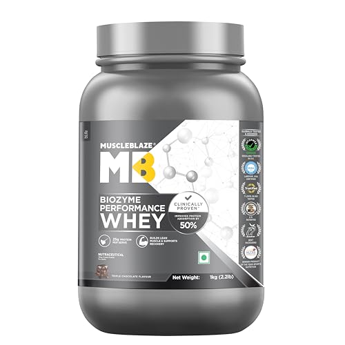 Image of MuscleBlaze Biozyme Performance Whey Protein Powder, 1kg (2.2lbs) | Triple Chocolate | 25g Protein Per Scoop | Clinically Tested 50% Higher Protein Absorption