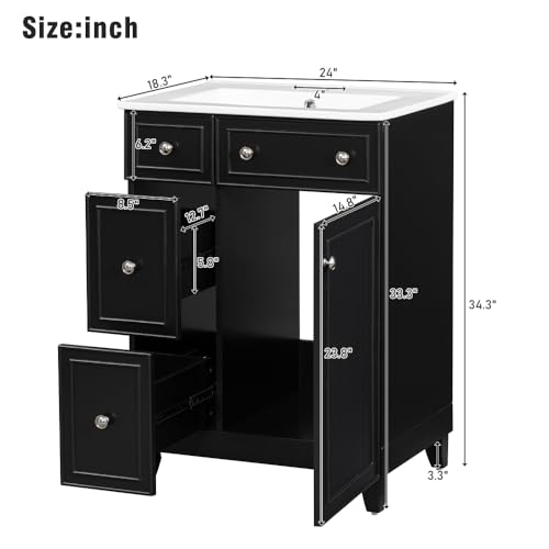 Image of 24 Inch Bathroom Vanity with Ceramic Sink, Freestanding Vanity Cabinet with 2 Drawers and 1 Door (Black)