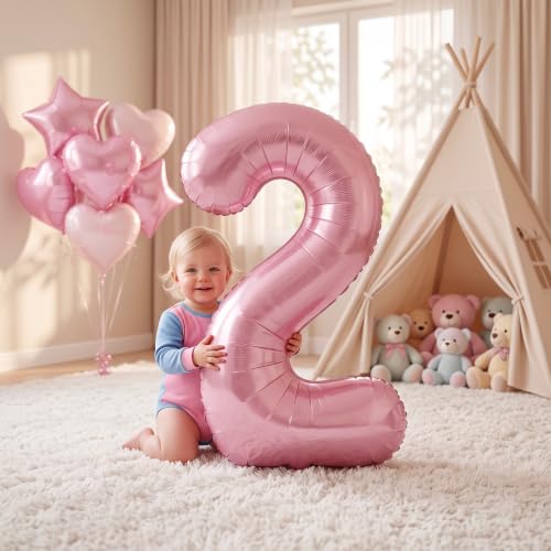 Image of TONIFUL 2nd Birthday Balloons Kit 40 Inch Pink Large Number 2 Foil Balloon | with 18 Inch Helium Foil Star Shaped Balloons for Girls Women Birthday Anniversary Graduation New Year Eve Party Decoration