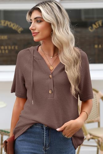 Image of Dokotoo Womens Summer Tops Waffle Knit Short Sleeve Lightweight Drawstring Hoodies Button V Neck Casual Blouses Shirts