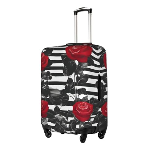Black White Stripes Red Rose Flowers Tsa Approved Luggage Cover For 18-32 Inch Suitcases Scratch-Resistant Stretch Luggage Cover2