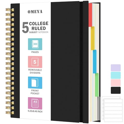 Image of 5 Subject Notebooks College Ruled, Lined Notebook with Removable Dividers