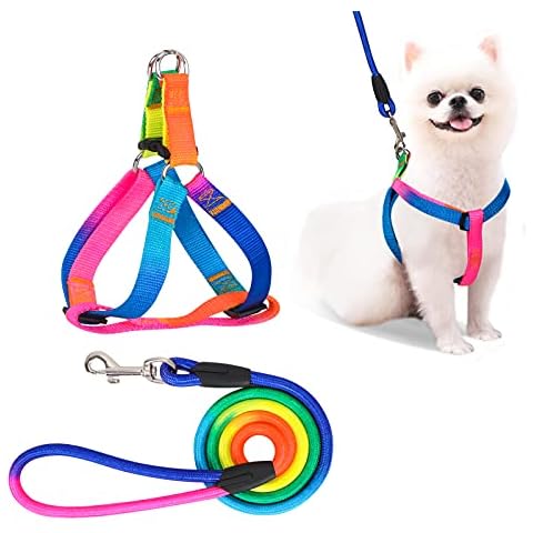 PetsHome Dog Harness & Leash Set Adjustable No Pull Safe Nylon Pet Harness with Leash for Outdoor Walking for Small to Medium Dog Rainbow Cover
