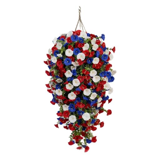 TTCHANG Red White and Blue Hanging Flowers, Patriotic Hanging Flower Baskets, Anniversary Porch Decor, Artificial Hanging Plants Red White and Blue, for Veterans Memorial Day Patio Home