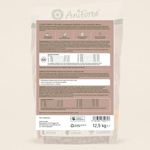 AniForte Lamm Trockenfutter für Hunde 12,5kg – Herzhaftes Lamm mit Süßkartoffeln & Vitaminen, Halbfeuchtes Trockenfutter, Hundefutter trocken getreidefrei & glutenfrei für Allergiker