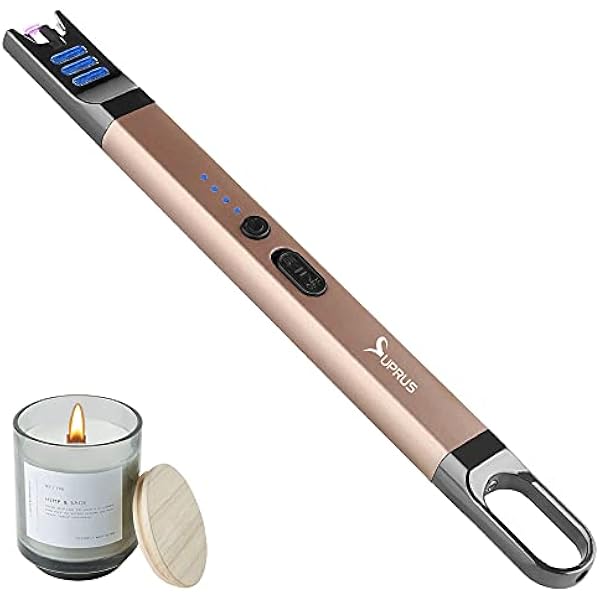 SUPRUS Zapalniczka do świec, elektryczna, z łukiem świetlnym, wiatroszczelna, bezpłomieniowa, do ponownego ładowania przez USB, z oświetleniem LED, na kemping, do grillowania, gotowania (złota)