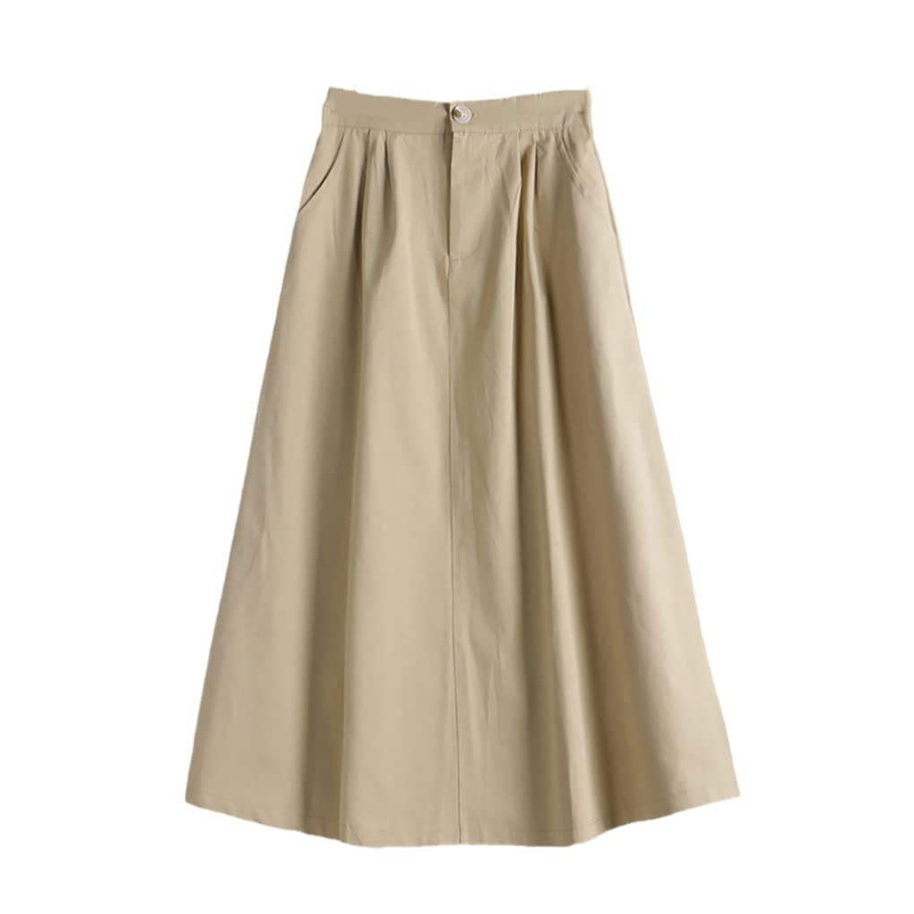 Jupe trapèze boutonnée mi-longue en coton épais kaki avec taille haute ajustable