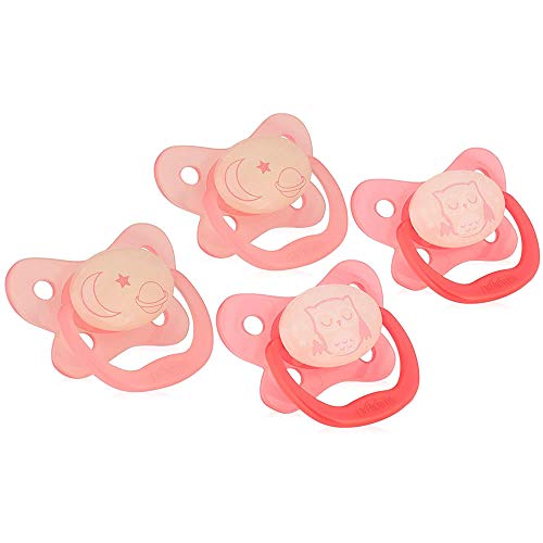 Image of Dr. Brown's PreVent Orthodontic Baby Pacifier, Suction Free Air Channel, Contoured Butterfly Shield is Gentle on Face, Made in USA, Stage 2, 6-18m, 4-Pack, Glow in the Dark - Pink