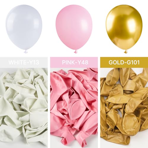 Image of PartyWoo Pink and White Balloon Arch Kit Garland 140pcs Different Sizes of 18 12 10 5 Inch Light Pastel Baby Pink Metallic Gold Confetti White Balloons for Baby Shower Birthday Party Decorations