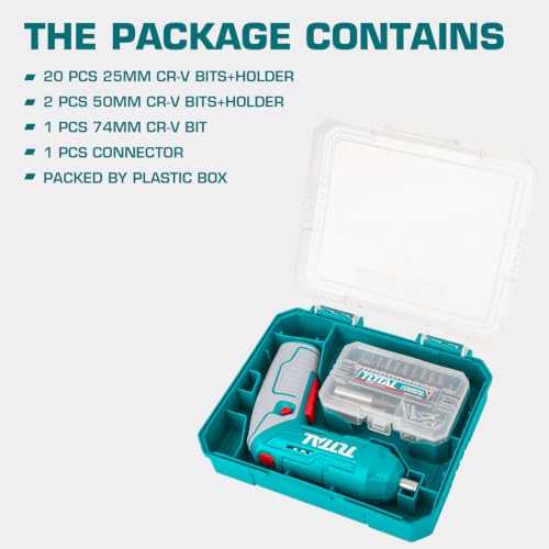 Image of TOTAL 4V Cordless Screwdriver, 4Nm Torque, 240RPM, 23 Cr-V Bits Set | Two-Position Handle, Type-C Charging, Work Light, 1 /4 Inch Hex Shank, Magnetic Connector and Case