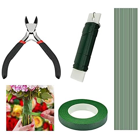 BUENTYA 4 Set Blumen Arrangement Tool Kit 26 Gauge Blumendraht Grün Blumenbindedraht Floral Wire Steckdraht 22 Gauge Floristenkrepp Blumen Floristentape Grün Kreppband mit Drahtschneider für Strauß Cover