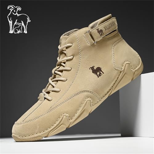 Men‘s Handmade High Top Leather Ankle Chukka Boots with Adjustable Strap Casual Non Slip Round Toe Slip On Boat Walking Driving Shoes3