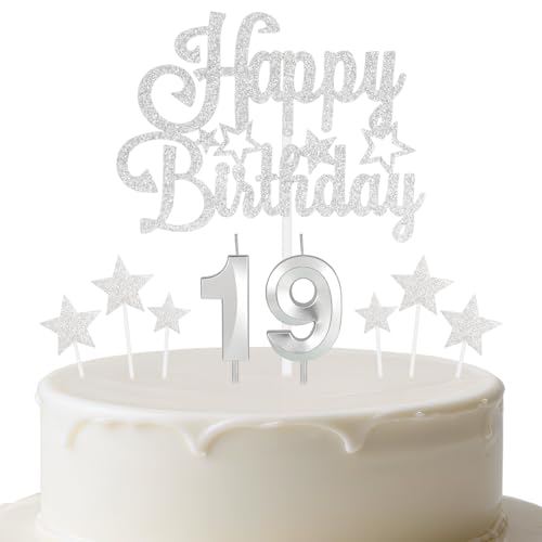 mciskin Juego de velas de cumpleaños plateadas, decoraciones de cumpleaños número 19 para pastel, velas plateadas para tartas con estrella para niñas y niños, decoraciones de aniversario de fiesta de