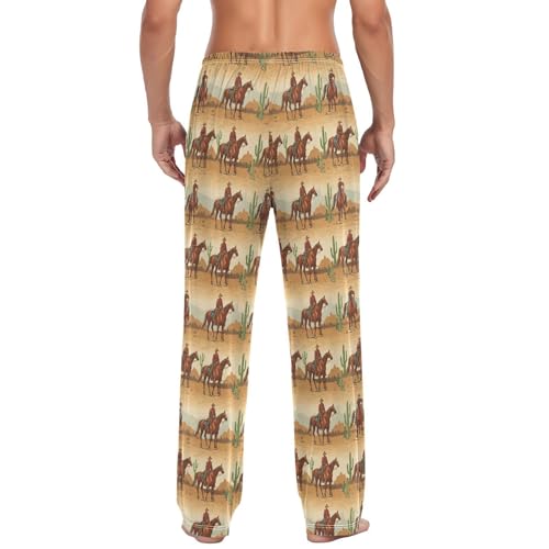 Cowboy Rides A Horse Across The Desert Men's Pajama Pants Soft Lounge Lightweight with Drawstring and Pockets2