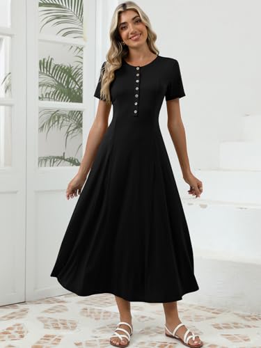 Women's Spring Casual Maxi Dress Short Sleeve Fit and Flare A Line Flowy T Shirt Long Vacation Dresses with Pockets2