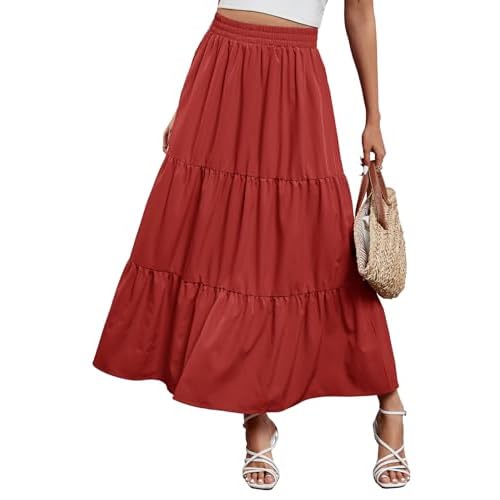 Arolina Maxi Skirt for Women Summer Boho Elastic High Waist Pleated A-Line Flowy Ruffle Swing Tiered Long Beach Skirt Dress X-Large Caramel