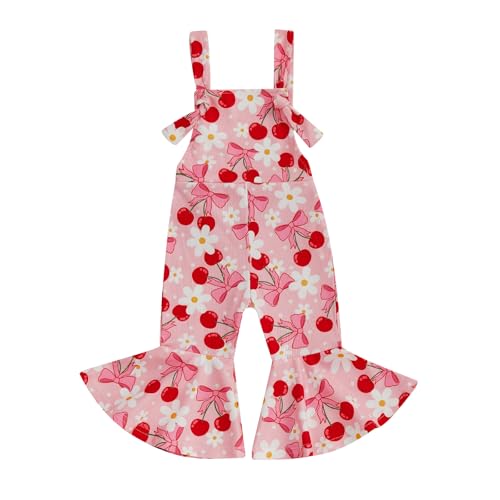 Emmababy Toddler Cherry Outfits Flare Romper Girls Strawberry Jumpsuit Baby Bell Bottoms Floral Suspender Wide Leg Jumpsuit