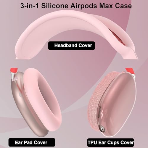 Silicone Case Cover for Airpods Max Headphones Anti-Scratch Ear Pad Case Ear Cups Headband Cover for Airpods Max 3-in-1 Accessories Case Protector for Airpods Max (TPU Pink) - Image 2