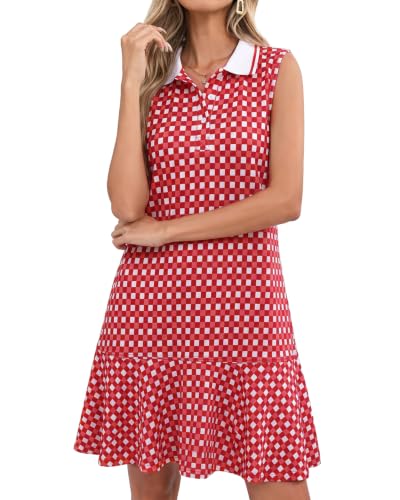 Image of YEXPINE Women's Sleeveless Polo Dress Ruffle Hem Lapel V Neck T-Shirt Summer Mini Dresses
