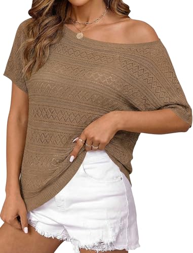 Image of Cakulo Womens Off The Shoulder Batwing Short Sleeve Crochet Tops 2026 Spring Summer Sweater Top Knit Beach Cover Up