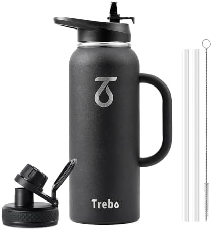 Trebo 40oz Water Bottle Insulated with Handle, Stainless Steel Metal Large Jug,Travel Flask with Straw Spout Lid,Mug Tumbler Cup with Carry Pouch,Keep Cold Hot, Indigo Black