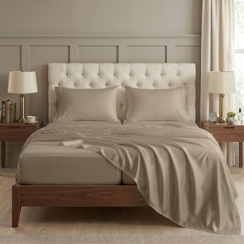 Image of LANE LINEN Split King Cooling Sheets 100% Egyptian Cotton Sateen - Taupe | Split California King Sheets Sets For Adjustable Bed - 5-Piece Set, 16 inch Deep-Pocket Snug Fit, 1000 Thread Count,