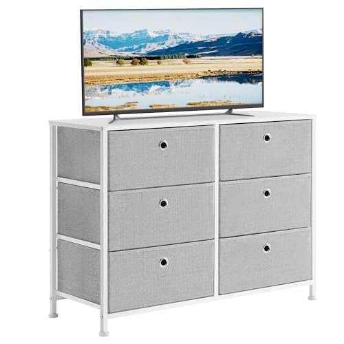SONGMICS Dresser, Storage Unit with 6 Easy Pull Fabric Drawers, Dresser Drawer, Organizer Unit with Metal Frame, Wooden Tabletop, for Closet, Light Gray ULTS023W01
