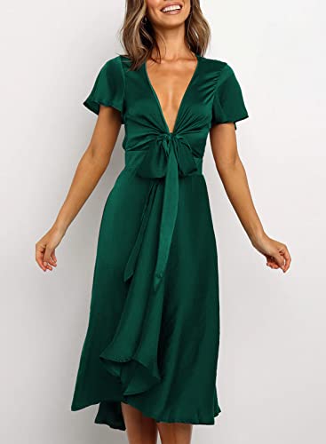 Image of miduo Womens Satin V Neck Ruffle Short Sleeve Tie Front High Waist Midi A-Line Maxi Dresses