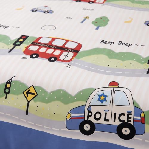 Image of Filymore Kids Double Bedsheet with 2 Pillow Covers | Police Car Printed Bed Sheet for Double Bed | 240 TC Soft Microfiber Bedding Set | 90 x 90 Inch Bedspread | Blue & Red