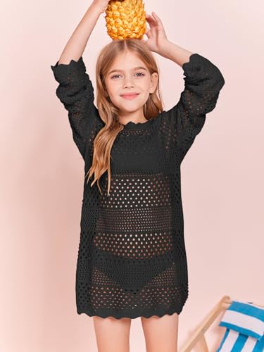 Image of Batermoon Girls Crochet Long Sleeve Swimsuit Cover Up Kids Fashion Hollow Out Swimwear Beach Dress 5-14 Years