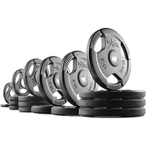 XMARK TRI-GRIP Pair or Set of Olympic Weight Plates, Rubber Coated Exercise Weights for Olympic Barbell, Strength Training Weight Set for Home Gym