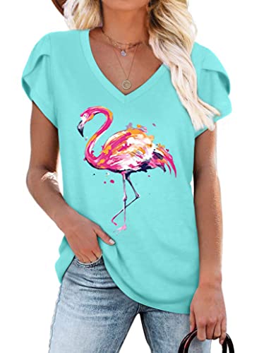Womens Flamingo Print Tops Summer Sexy V Neck Petal Sleeve Casual Tee Tshirts S-3XL