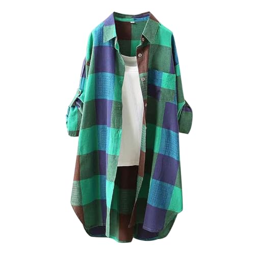 Karierte Bluse Damen Lang - T Shirt Damen Longshirt Knopfleiste Hemd Casual Lose Frühling Sommer Longbluse Blusenshirt Oberteile Tunika Große...