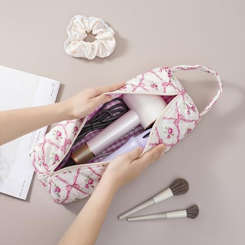 Image of RSRSLEII Quilted Hair Tools Travel Bag,H air Styling Accessories Storage Case for Shark FlexStyle, Dyson Airwrap Hair Dryer, Curling Iron, Revlon Hair Tools,Portable and foldable(09Pink Bow)