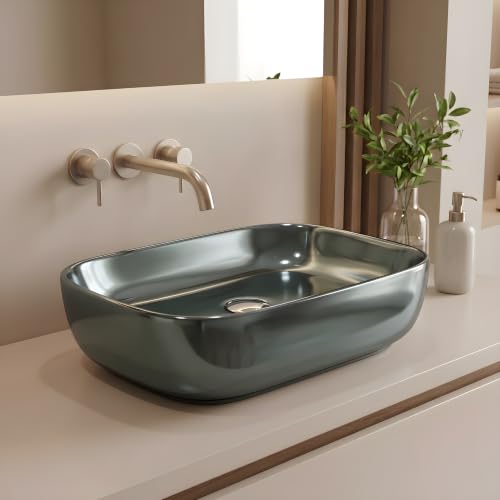 Image of VENICE Bathroom Vanity Sink Countertop Stylish & Durable Ceramic Tabletop Wash Basin Rectangular Vessel Bowl Metallic Pista Glossy Finish