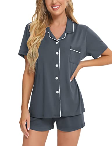 Image of SWOMOG Womens Button Down Pajamas Set Short Sleeve Sleepwear Bride Soft Pj Lounge Sets XS-3XL