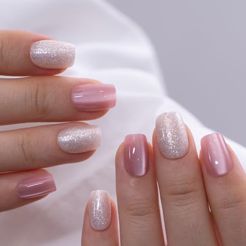 Image of CurvLife Soft Gel Square Press-On Nails Short, Reusable Fake Nails with Glue & Adhesive Tabs, 30PCS Salon-Quality Stick-On Nails for At-Home Manicure (Latte Spark)