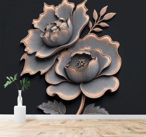 XLMING Retro Metal Peonías Pétalos Dorados Fondo Oscuro 3D Papel Pintado Pared Premium Textura Seda Estudio Comedor Vinilos Dormitorio Sofás TV Cocina-350cm×256cm