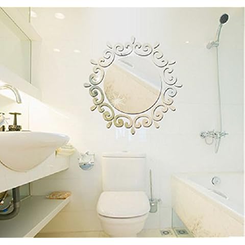 Revesun (Silver)46 * 46CM Creative Round with Lace DIY 3D Acrylic Mirror Surface Wall Stickers for Bedroom Bathroom Dresser Living Room Home Decoration Decals Cover