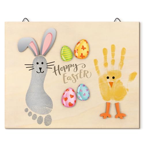 Wonderjune Baby's First DIY Easter Footprint Art Wooden Milestone Card Easter Keepsake Bunny Chick Happy Easter Sign Nursery Decorative Ornaments for Baby Shower Newborn Photoshoot Prop Basket Stuffer