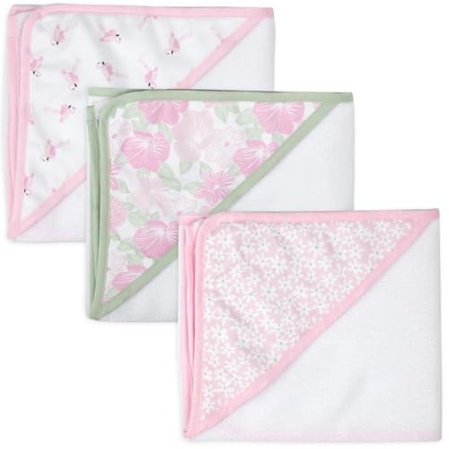 Image of Jessica Simpson Baby 6-Piece Hooded Towel & Washcloth Set - Soft Polyester Baby Bath Towels - Butterfly & Lavender Floral Prints (Green Floral & Flamingo)