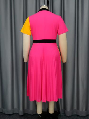 AOMEI Women's Colorblock Turn-Dwon Collar Short Sleeve Pleated A-Line Business Dress4
